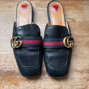 Auth GUCCI PRINCETOWN LEATHER Slipper Mules Sandals with DOUBLE G US-6.5